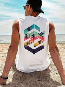 1件男士印花圆领休闲背心，夏季 - 白色 - 查看 2