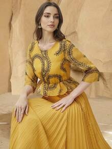 优雅阿拉伯褶裥长裙，圆领，七分袖，刺绣设计，梭织面料 - 黃色 - 查看 5