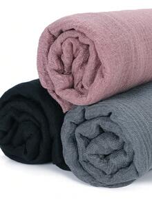 3pcs/Set Women's Solid Color Crinkle Hijab Scarf Set, Everyday Headscarf