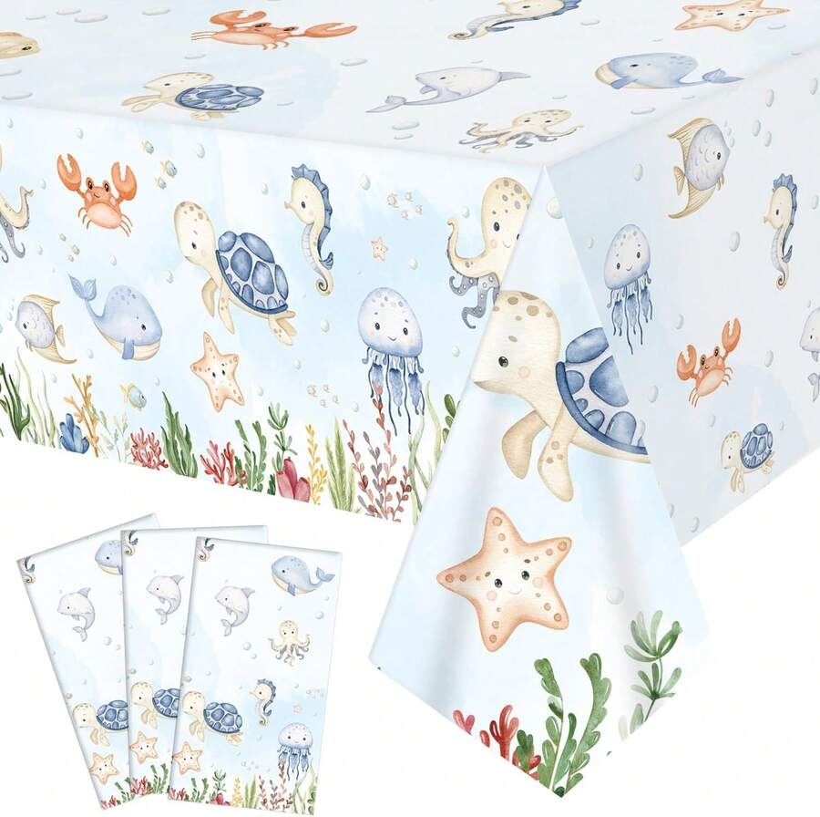 Ocean Animals Party Tablecloth 3PCS Under The Sea Baby Shower Supplies Sea Turtles Marine Disposable Plastic Table Covers Underwater Sea Life Table Cloth For Ocean Baby Shower Birthday Drations - quả mơ - Xem 1