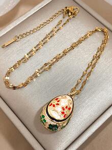 1件18K镀金复古甜美粉色、白色珐琅花卉图案彩蛋吊坠不锈钢项链，女士奢华珠宝，适合复活节、情人节、派对、晚宴、日常佩戴、约会、狂欢节、新年、婚礼、海滩、圣诞节、周年纪念日、优雅妈妈礼物、波西米亚风珠宝、生日礼物、伴娘礼物 - 彩色 - 查看 3