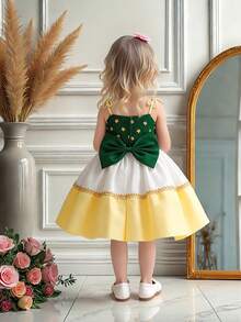 Baby Girls' Sleeveless Contrast Color Floral Print Satin Bow Back Cute Princess Dress, Suitable For Birthday Party, Outing, Does Not Include Headband - Multicolor - View 3