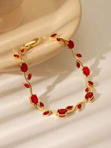 Fashionable Luxury Copper Plated 24K Gold Zirconia Leaf Bracelet, High-Quality Delicate Fully Paved Bracelet, Popular Cross-Border Seller