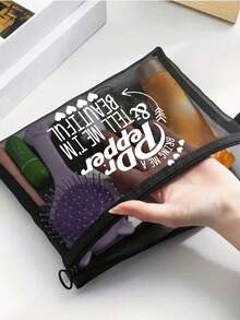 Funny Canvas Cosmetic Bag ,Printed With "Beautiful" Mesh Bag,- Lightweight Foldable Zipper Makeup Bag | Easy To Clean, Multi-Functional Makeup Case, Suitable For Travel And Holiday Gifts, Cosmetic Storage Bag, Mini Makeup Bag, Travel Makeup Bag - Multicolor - View 4