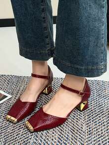 Square Toe Studded Mary Jane Shoes, Versatile Buckle Strap Black High Heels, Fashionable Sexy Slingback Red Patent Leather Chunky Heels For Women - Red - View 9