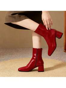 Square Toe Block Heel Ankle Boots - Women's Office Commute Slip-On Leather Short Boots For Daily Work - Đỏ - Xem 6