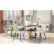 Dining Table Set (Set, 117*68 Cm Dining Table With 4 Chairs), Rectangular Dining Table, Modern Kitchen Table Set, Dining Chairs: Beige Velvet Twill Kitchen Chairs, Gold Table Legs - Beige - View 9