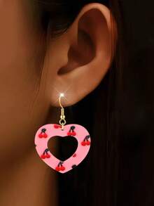 Tsnamer Brincos Pingente de Argila Polimérica em Formato de Coração com Estampa de Cereja, Joias do Dia dos Namorados, Estilo Retrô Fofo Lolita, Brincos de Pressão