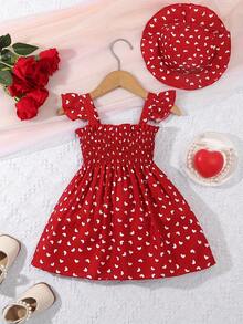 Infant Valentine's Day Heart Print Cable Knit Dress + Sun Hat - Red - View 2
