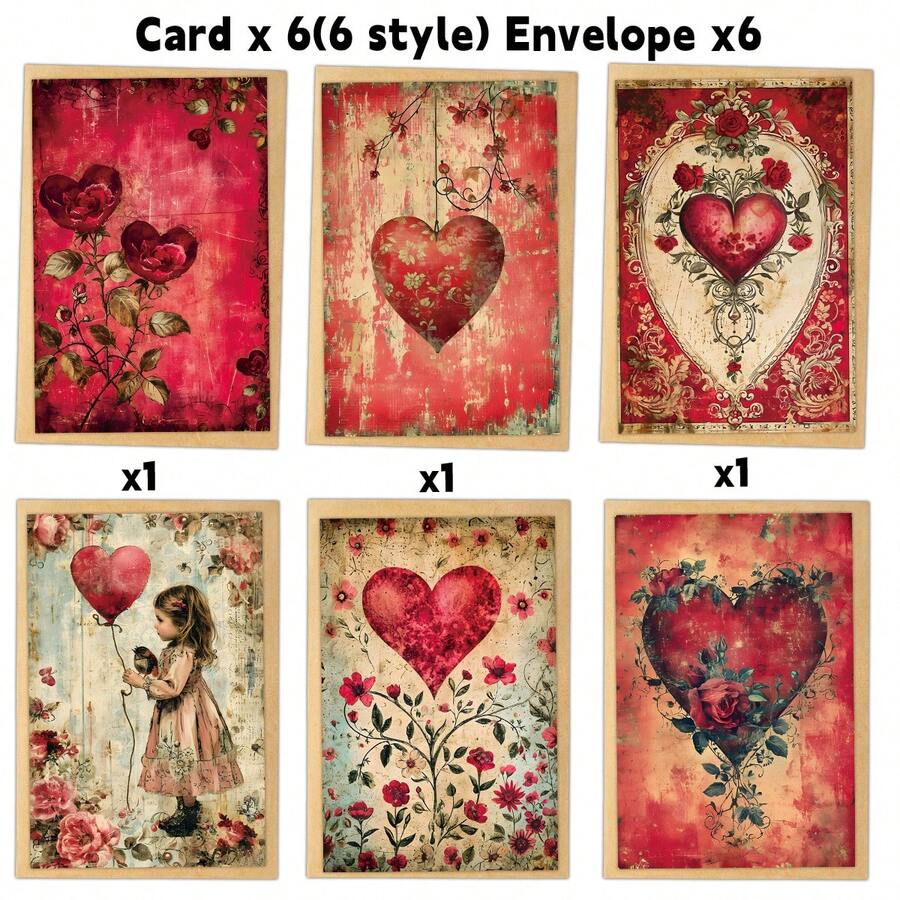 6pcs Vintage Heart & Floral Valentine's Day Cards With Envelopes - Romantic Love Theme Greeting Cards For Husband, Wife, Boyfriend, Girlfriend, Suitable For Anniversary, Wedding, Birthday - Multicolor - View 1