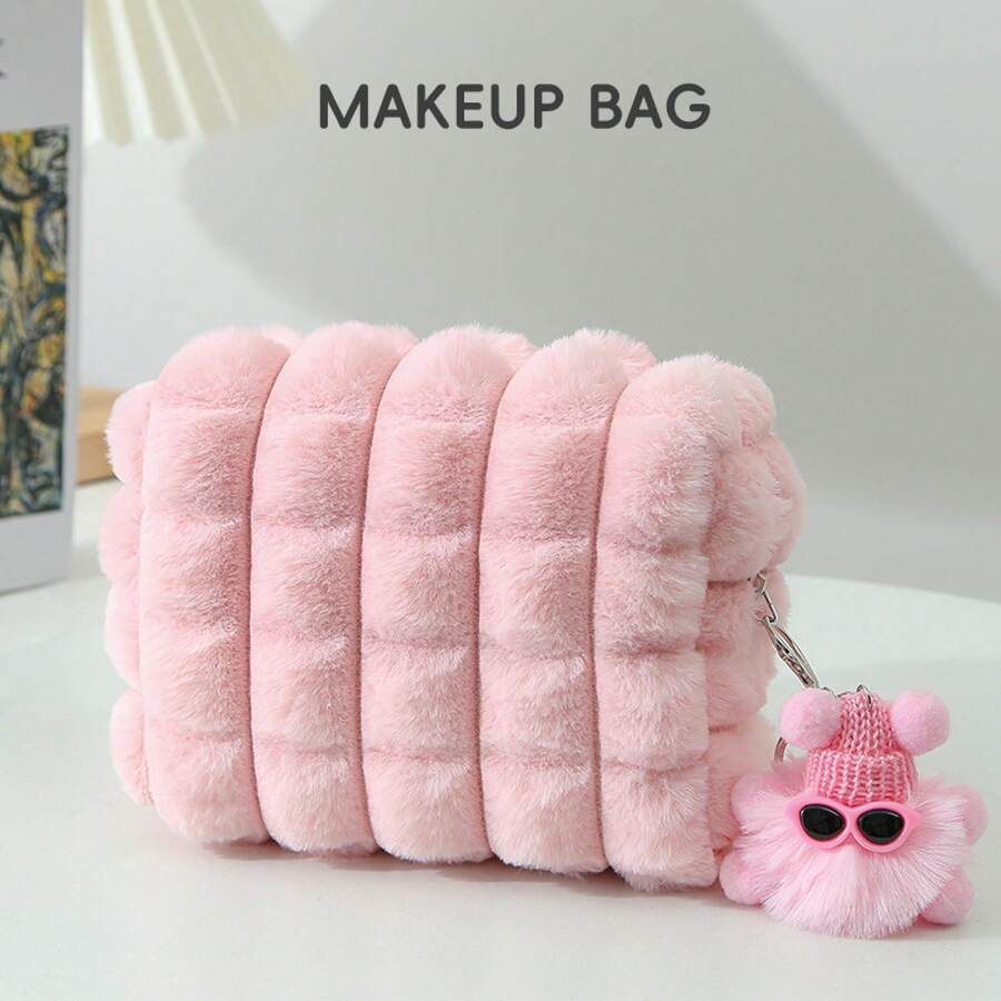 Bolsa de maquillaje de felpa de gran capacidad recomendada con colgante de pom pom - Bolsa de maquillaje rosa de tacto suave adecuada para viajes y uso en casa, diseño lindo y práctico para mujeres, bolsa de viaje de maquillaje de temporada superior - Rosa - Ver 1