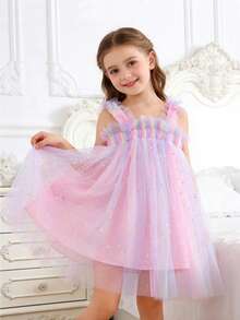 1件装 小女孩可爱优雅甜美公主蕾丝吊带星星月亮彩虹薄纱蓬蓬裙，适合生日、节日、演出等各种场合的派对礼服 - 彩色 - 查看 2