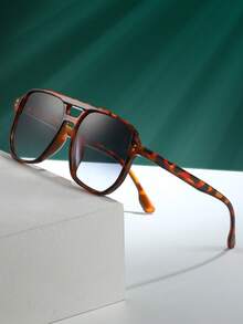 1 Pair Unisex Tortoiseshell Square Double Bridge Aviator , Suitable For Vacation, Boho Beach Outfits, Women's Beach Accessories, Basic Glasses, Autumn/Winter Women's Outfits, Business Casual, Gifts, Leopard Print - 玳瑁框雙灰片 - 查看 4