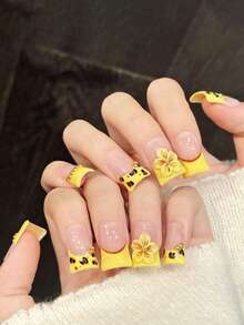 10Pcs Glossy False Nails With Sakura Decor Yellow Edge Press On Nails For Wedding Party Festival Daily Wear Nail Supplies - Multicolor - View 3