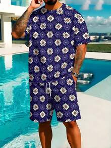 Understated Yet Stylish Purple Men's Athletic Short-Sleeved Beach Shorts Set With Daisy Print. Features Drawstring Details, Lightweight And Comfortable Polyester Fabric With Slight Stretch, Machine Washable Year-Round, Sporty And Casual Style. - 彩色 - 查看 2