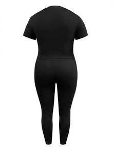 LovelyWholesale 大码女式纯色性感镂空水钻装饰情人节短袖上衣和裤子两件套黑色夏季优雅 - 黑色 - 查看 8