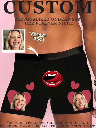 Men's Customized Face & Pink Heart Print Black Soft Stretchy Fabric Comfortable Fitted Romantic Boxer Briefs, Suitable For Valentine's Day/Anniversary Gift