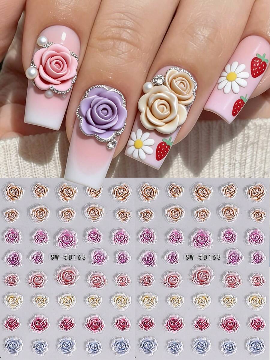 2片装浮雕玫瑰美甲贴纸，棕色、粉色、白色、蓝色、红色玫瑰花美甲贴花，5D自粘美甲装饰，美甲用品，适合女性、女孩，情人节、婚礼设计美甲 - 彩色 - 查看 1