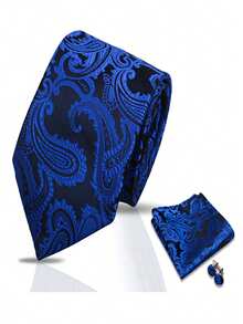 1 Set Men's Premium 3 PiecesTie, Pocket Square, Cufflinks Set, Soft Polyester Fabric, Blue