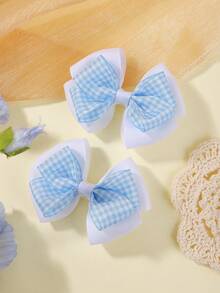 2pcs/Set Double-Layer Bow Hair Clips Set, Versatile & Cute, Suitable For Back To School Season - Baby Blue - View 2