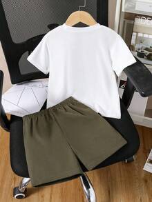 Conjunto informal de camiseta de manga corta y pantalones cortos con estampado de dibujos animados para niño pequeño - Blanco - Ver 2
