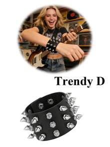 Xiacheng 1/3/4件套女士朋克摇滚手链套装 - 铆钉尖头开口手链，可调节人造革材质，80年代Emo哥特机车风，男女皆宜的另类时尚 - 經典色 - 查看 15