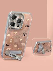 1pc Electroplated Glitter Full Coverage Orange Phone Case With 3D Metal Bear & Dog Stand Holder, Compatible With IPhone11-17 PROMAX