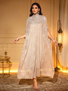 Elegant Long Lace Robe, Stand Collar Design, Decorated With Delicate Applique, Batwing Half Sleeve Spring - Apricot - View 3