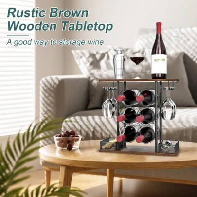 Wine Rack, Sturdy Wine Rack, 3 Animals Wooden And Metal Easy To Assemble For 6 Bottles And 4 Glasses For Home, 6.29" D X 16.14" W X 15.82"H,39691500