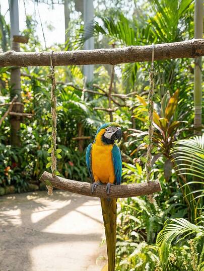 Natural Wooden Hanging Swing For Rainbow Parrots, Parrot Cage Accessories Chewing Interactive Toy, Suitable For Perching And Climbing Exercise For Medium And Small Parrots, Parrot Cage Hanging Swing With Artificial Vine Decor