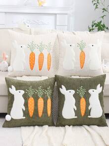 1pc/2pcs Easter Decorative Throw Pillow Cover, Rabbit Plush Corduroy Embroidered, Spring Home Decor For Living Room Sofa Bedroom, Holiday Gift, Green - Green - View 2