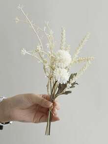 1束人造球形菊花花束，仿真薰衣草，情人节礼物，婚礼装饰，新娘手腕花，插花材料，DIY花环材料，情人节礼物，新年家居装饰，卧室，客厅，花瓶配件，节日生日派对装饰，花材花瓶+礼盒 - 乳白色 - 查看 6