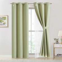 Beige 80% Blackout Curtains With Sheer Overlay, Double Layer Thermal Insulated Window Panels, 63 Inch, Living Room And Bedroom, Beige Drapes With Tiebacks, Grommet Top, 37 X 63 L X 2, Modern Home Decor - 鼠尾草綠 - 查看 3