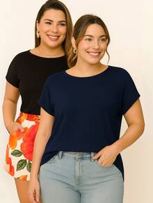 2 PIECE KIT PLUS SIZE VISCOLYCRA BLOUSE CASUAL CONTEMPORARY BASIC - PRETO/MARINHO - Xem 8
