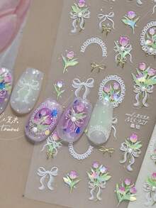 1 Bộ Miếng Dán Móng Tay Thủ Công Cao Cấp Đính Đá Pha Lê, Thiết Kế Hoa Tulip, Phụ Kiện Làm Móng - Nhiều màu - Xem 4