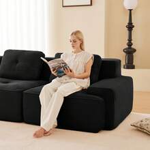 Living Room Sofa Made Of Corduroy, Boneless L-Shaped Sofa With Deep Seat, 3-Seater Modular Sofa With Ottoman, Corner Sofa For Living Rooms And Apartments, Assembly Not Included - 黑色 - 查看 6