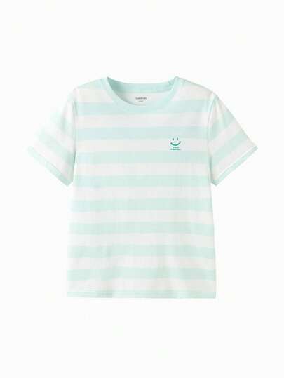 Balabala Young Boy Soft Fabric Cartoon Smiley Face Striped Print Round Neck Short Sleeve Casual T-Shirt, Loose Fit