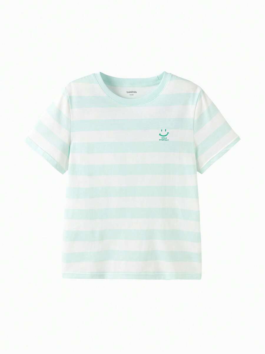 Balabala Young Boy Soft Fabric Cartoon Smiley Face Striped Print Round Neck Short Sleeve Casual T-Shirt, Loose Fit - White Green Tone - View 1