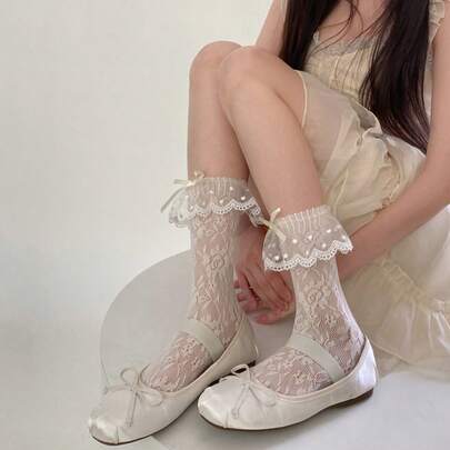 3pcs Set: White Lace Socks, Lace Arm Sleeves, Cute Hair Accessories - Sheer Lace Socks, Breathable Thin Lace Socks For Women, Sweet Lolita Net Stockings