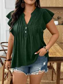 Loose Pleated V-Neck Short Sleeve Pullover Blouse Women, Solid Color Front Button Casual Top For Holiday & Daily Wear - Green - View 1