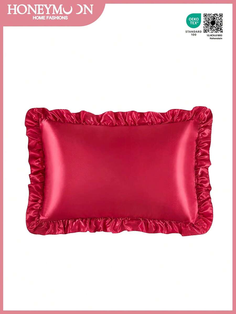 1pc Satin Pillowcase With Lace, Silk Pillow Case For Hair And Skin, Luxurious And Silky Smooth, Ultra Soft And Breathable, No Filler, Machine Washable, Oeko-Tex Certified, Red - Red - View 1