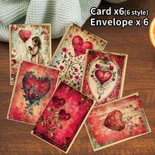 6pcs Vintage Heart & Floral Valentine's Day Cards With Envelopes - Romantic Love Theme Greeting Cards For Husband, Wife, Boyfriend, Girlfriend, Suitable For Anniversary, Wedding, Birthday - Multicolor - View 3