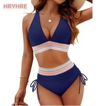 Women High Waisted Bikini Sets Tummy Control Swimsuits Color Block Two Piece Drawstring Bathing Suit Outdoorfun - Navy Blue - View 10