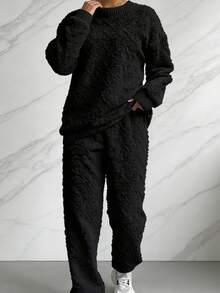 Relaxed Texture Pullover Pants, Long-Sleeved Round-Neck Sportswear And Jogging Pants Combination, Women's Clothing, High-Quality Textured Casual Pullover Set, Releasing A Sense Of Relaxation And Ease - 黑色 - 查看 2