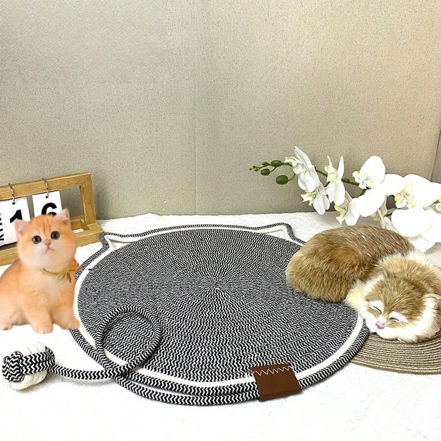 1pc Cotton Rope Woven Washable Pet Mat, Cat Scratching Pad & Toy Ball Combo, Suitable For Cat Rest And Play - Multicolor - View 1
