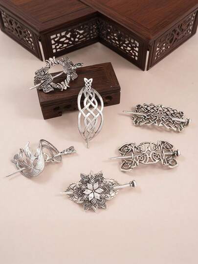 1 Set Vintage Viking Style Hair Clip & Brooch Combo, Featuring Dragon, Celtic Knot, Floral Patterns, Exquisite Details, Excellent Classic Accessory Choice