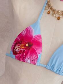 Bộ bikini 3 món xuyên thấu buộc cổ, họa tiết hoa lan đỏ rực rỡ, gợi cảm và tươi mát cho kỳ nghỉ biển, đồ bơi thoải mái và mềm mại cho kỳ nghỉ hè. - Màu xanh lam - Xem 5