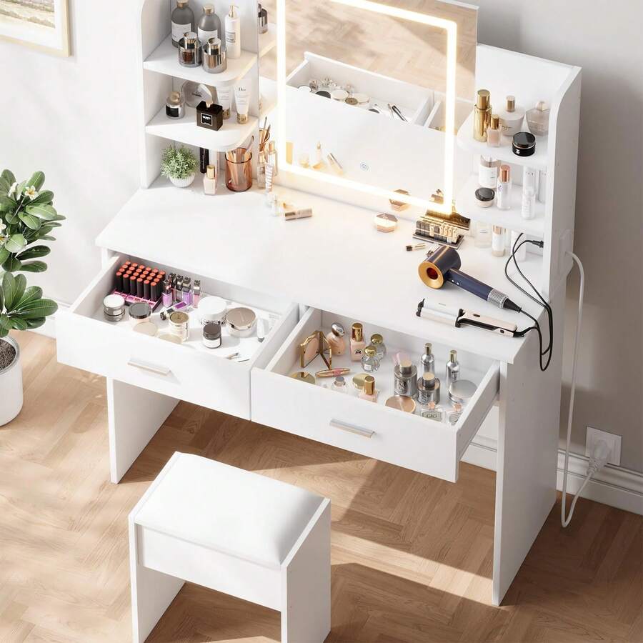 Tocador con Espejo con Luz, Set de Maquillaje con Toma de Corriente, Banquito Acolchonado, Mesa Tocador con 6 Repisas de Almacenaje, 2 Cajones Grandes y Luz de Tres Tonos con Brillo Ajustable - Blanco - Ver 1