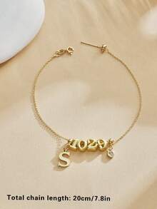 Customized Minimalist Fashionable Elegant Personalized Initial Zirconia Sparkling Accessory Numeral Bracelet, Vintage, Minimalist, Unisex, Casual, Customized, Personalized, Unique, Ideal Gift For Him/Her, Boyfriend, Girlfriend, Dad, Family, Friends, Son, Mom, Daughter, Grandparents, Suitable For Anniversary, Birthday, Daily Wear, Wedding, Graduation, Prom, Party - Gold - View 5