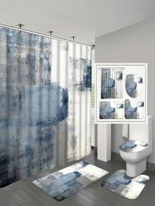 1/4 Piece Blue & White Bathroom Set, Including Shower Curtain, And 3 Non-Slip Rubber Backing Mats, Bathroom Accessories And Decor - Multicolor - View 3